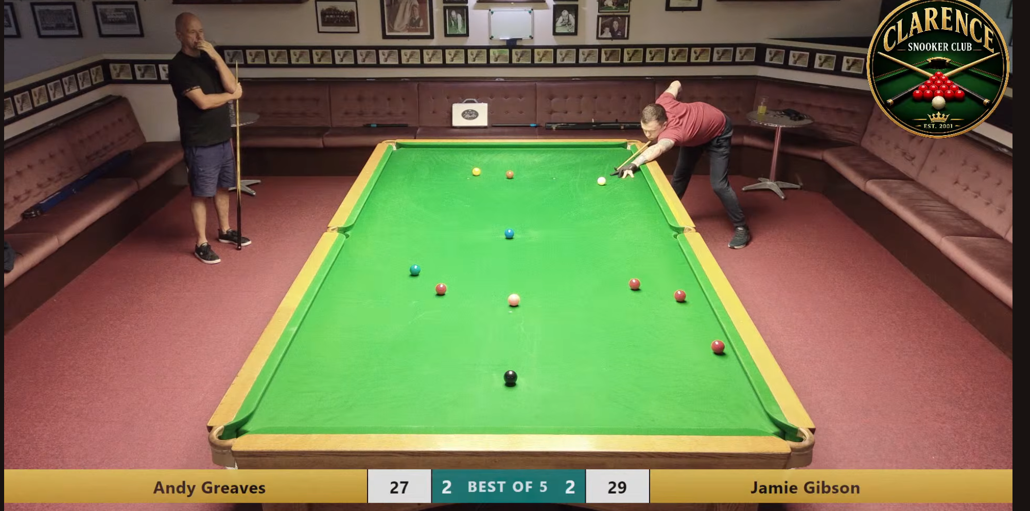 The finished broadcast score overlay showing player names, scores and match format on a live match table stream.